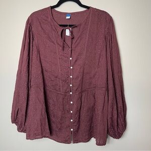 Old Navy Plum Peplum Top Plus Size 3X Wine Romantic Oversized Long Sleeve Eyelet